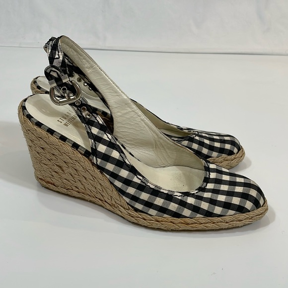 Stuart Weitzman Shoes - Stuart Weitzman Wedge Espadrille Heels Navy And White Gingham Size 8